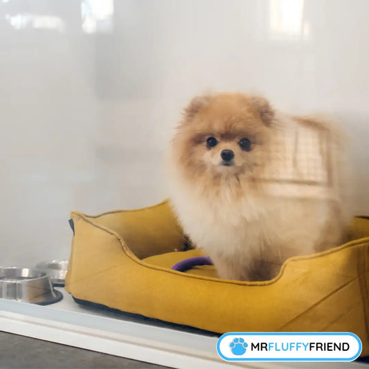 Featured image für den Blog „Was ist Hundepension? Stressfreie Silvester-Betreuung für dein Haustier“ mit einem kleinen, flauschigen Hund in einem Glaskäfig